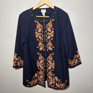 Chico's Jacket Navy Blue Fall Boho Floral Embroidered Studded Full Zip Office LP